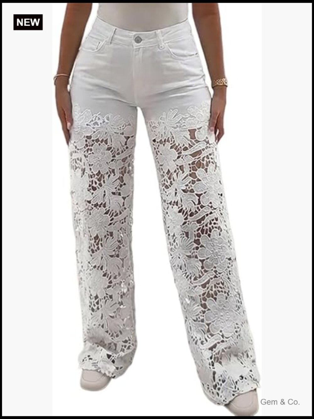 High Waist Wide Leg Jeans Lace Spliced Stretchy Pockets - Picture 1 of 7